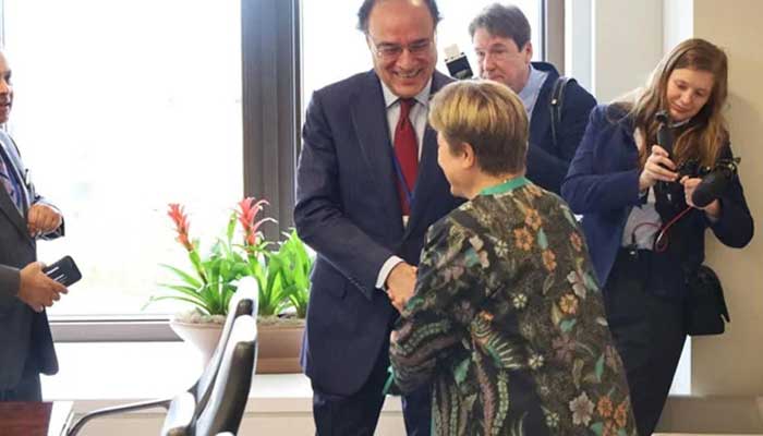Finance Minister، meets، IMF، MD Kristalina Georgieva, assures، continuing، reforms